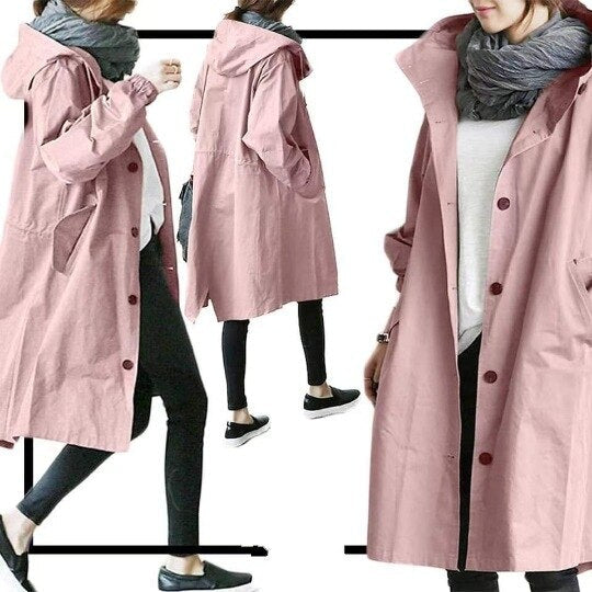 Damen Trenchcoat – Leichter Wasserabweisender Stoff – Mit Kapuze – Lockere Passform