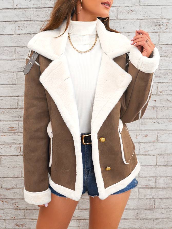 Damen Shearling-Mantel – Doppelreihig – Plüschkragen – Strukturierte Passform – Elegant