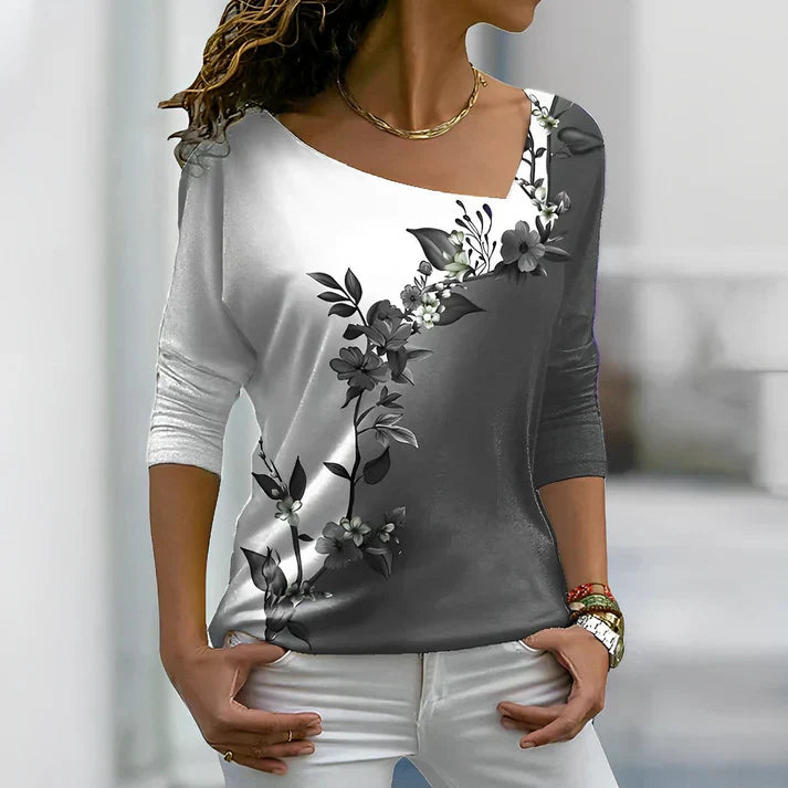 Damen T-Shirt aus Baumwolle mit floralem Kontrastmuster