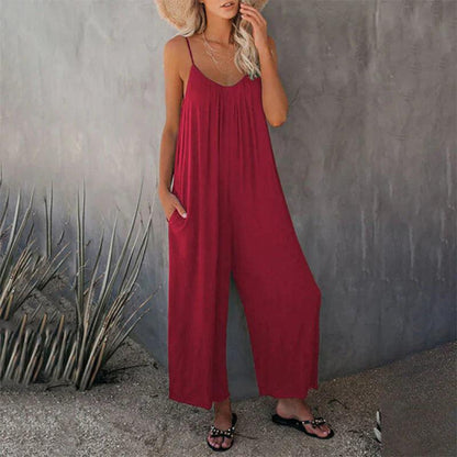 Damen ärmelloser Jumpsuit mit Taschen aus leichter Baumwolle