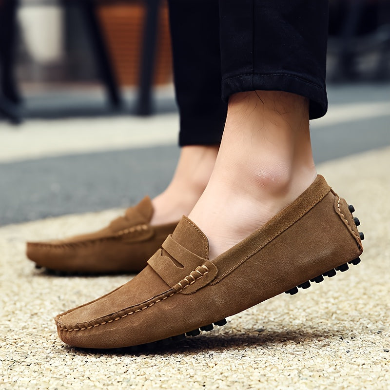 Dunkelblaue Herren-Loafers aus Leder mit Zierstreifen