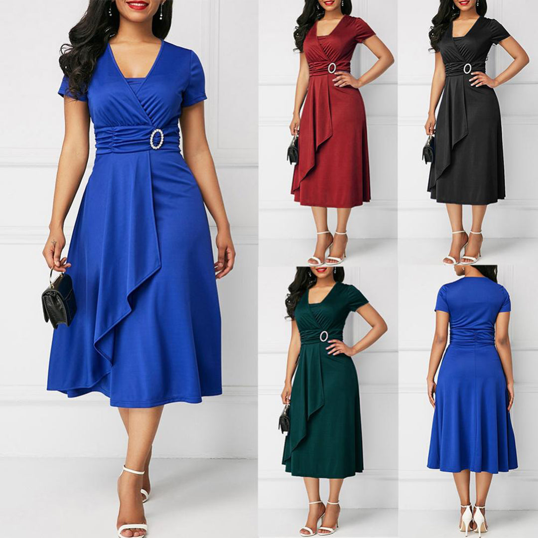 Damen Wickelkleid – V-Ausschnitt – Kurzarm – Midi-Länge – Elegante Drapierung