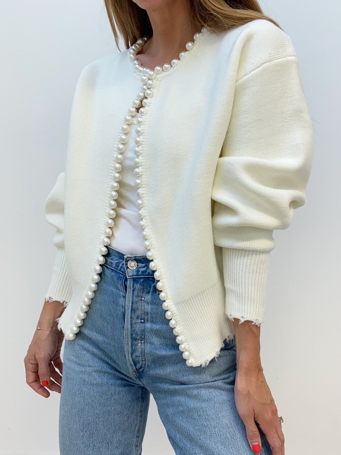 Damen Strick-Cardigan – Oversize Passform – Perlverzierung – Ballonärmel – Gerippte Abschlüsse