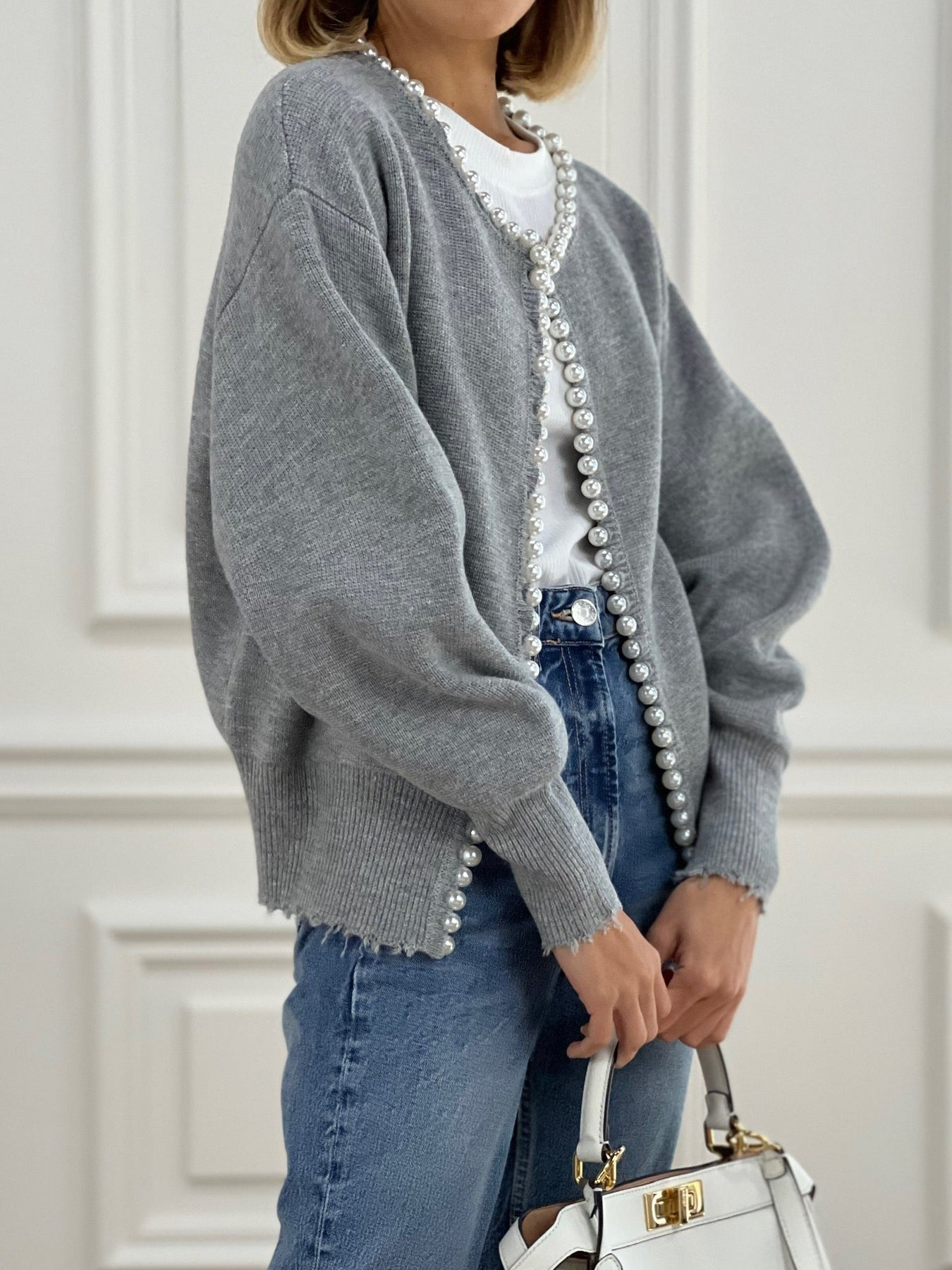 Damen Strick-Cardigan – Oversize Passform – Perlverzierung – Ballonärmel – Gerippte Abschlüsse