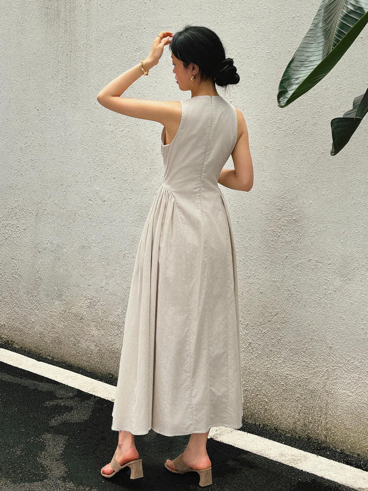 Elegante Maxi Kleid aus Baumwoll-Leinen mit Cut-Out für Damen