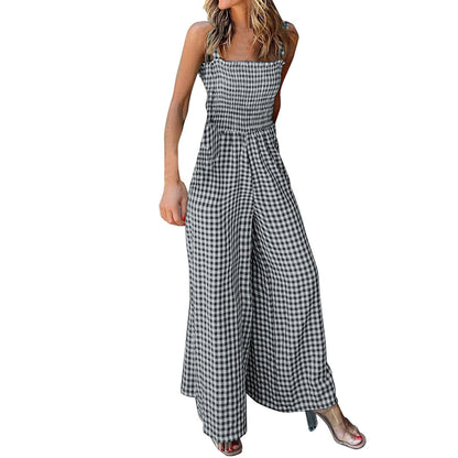 Damen Jumpsuit – Gingham Muster – Smock-Oberteil – Weites Bein – Spaghetti-Träger