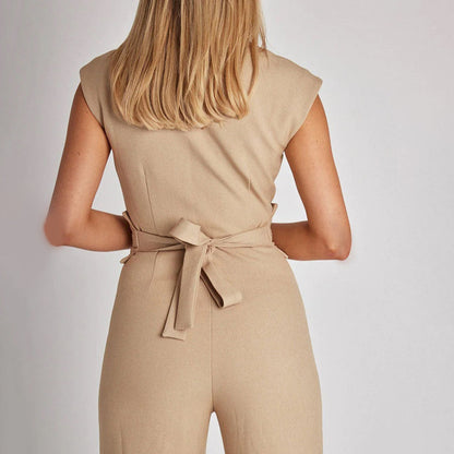 Damen Jumpsuit - Ärmellos V-Ausschnitt - Hohe Taille mit Gürtel - Weites Bein Elegant