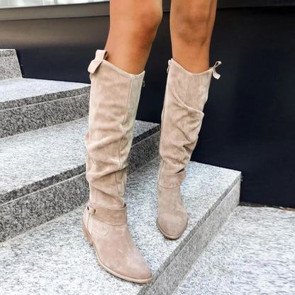 Chic Beige Knee-High Boots - Faux Leather