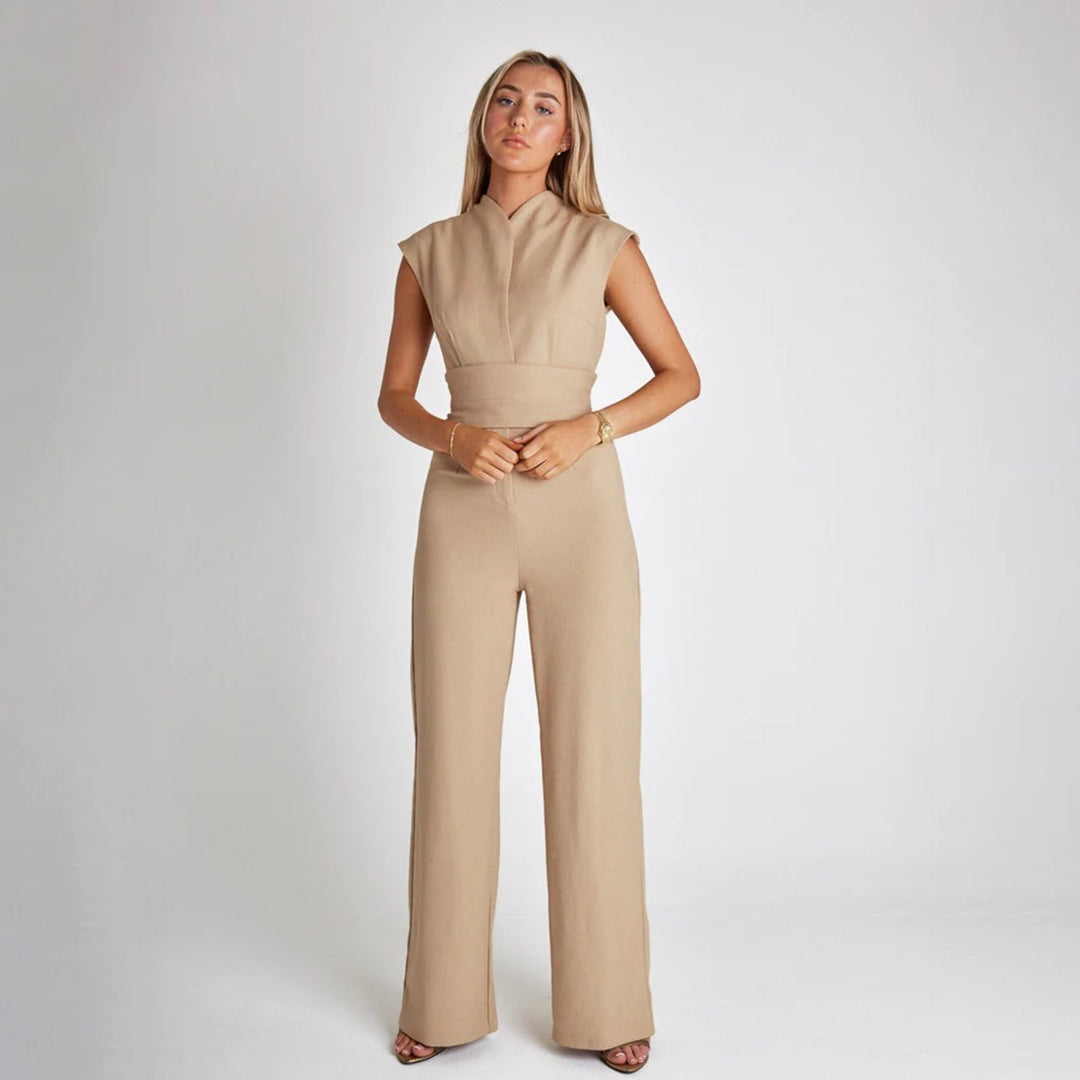 Damen Jumpsuit - Ärmellos V-Ausschnitt - Hohe Taille mit Gürtel - Weites Bein Elegant