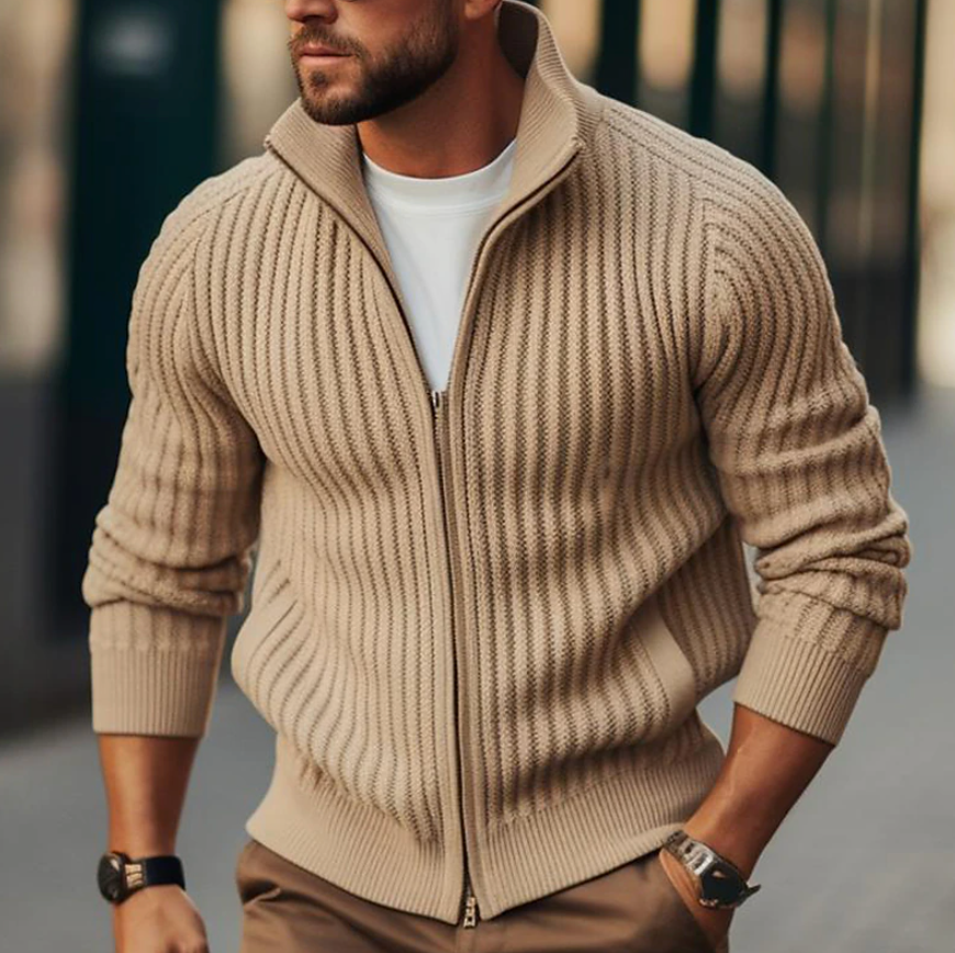 Herren Strickcardigan – Gerippte Struktur – Stehkragen – Zipper – Wärmend und Bequem