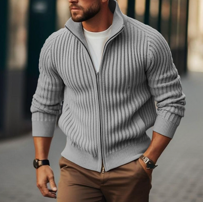 Herren Strickcardigan – Gerippte Struktur – Stehkragen – Zipper – Wärmend und Bequem