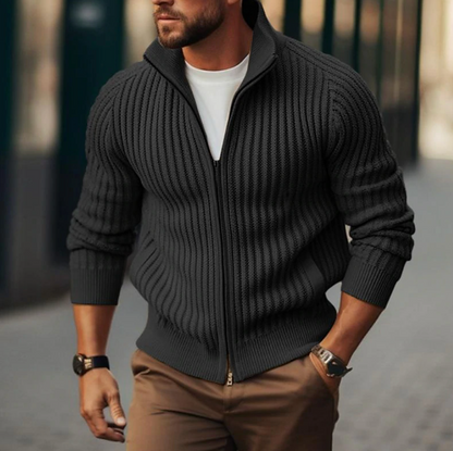 Herren Strickcardigan – Gerippte Struktur – Stehkragen – Zipper – Wärmend und Bequem