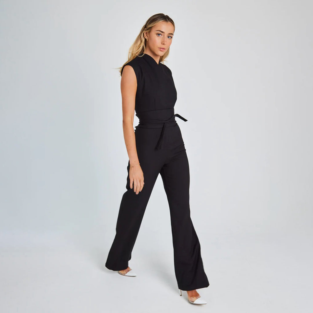 Damen Jumpsuit - Ärmellos V-Ausschnitt - Hohe Taille mit Gürtel - Weites Bein Elegant