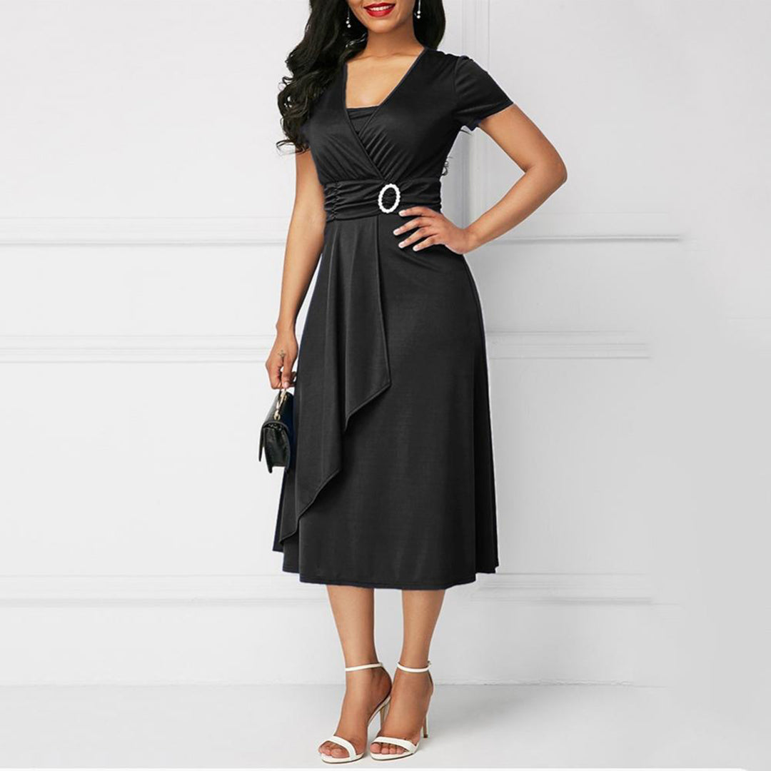 Damen Wickelkleid – V-Ausschnitt – Kurzarm – Midi-Länge – Elegante Drapierung