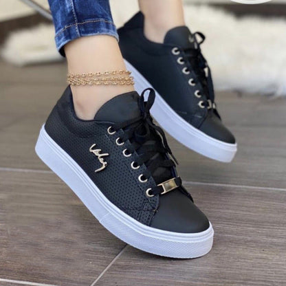 Damen Sneakers - Atmungsaktiv - Faux Leder - Rutschfeste Sohle - Schnürverschluss