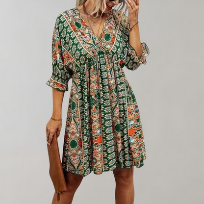 Damen Boho Kleid - V-Ausschnitt - Lockere Passform - 3/4-Ärmel - Kurzes Freizeitkleid