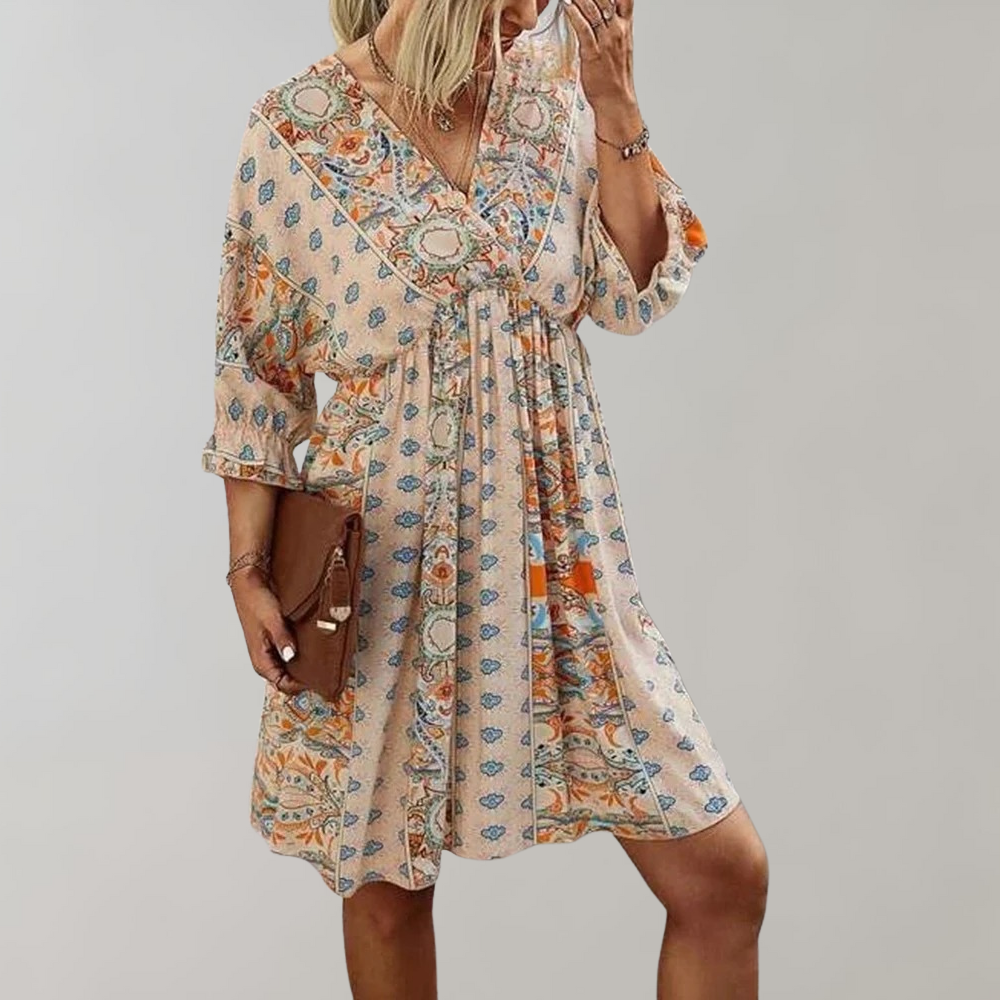 Damen Boho Kleid - V-Ausschnitt - Lockere Passform - 3/4-Ärmel - Kurzes Freizeitkleid