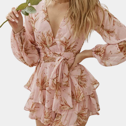 Damen Wickelkleid - V-Ausschnitt - Langarm mit Bündchen - Florales Muster - Rüschenrock