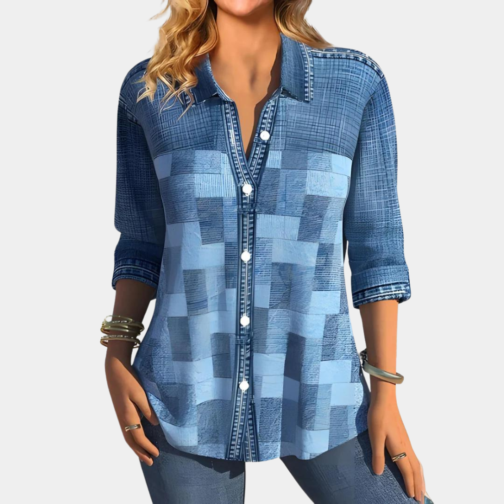 Damen Bluse - Patchwork Muster - Lockerer Schnitt - Langarm Knopfleiste