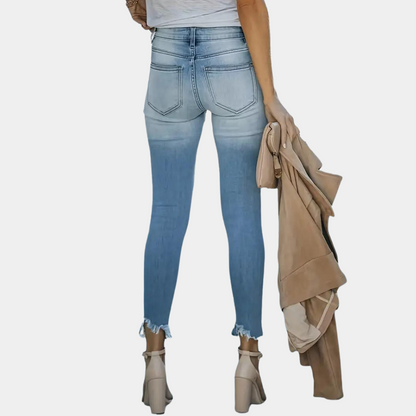 Damen Jeans mit Knöpfen aus Baumwolle - Hellblau, Zerrissen