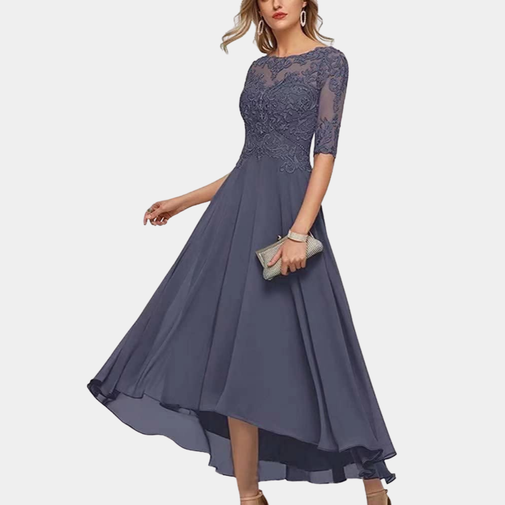 Damen Abendkleid – A-Linie – Elegante Spitze – High-Low Schnitt – Fließender Stoff