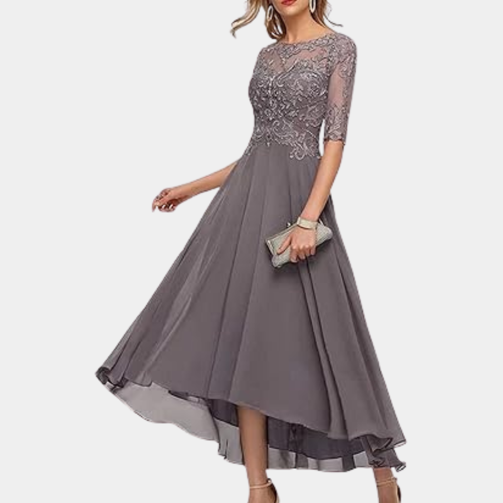 Damen Abendkleid – A-Linie – Elegante Spitze – High-Low Schnitt – Fließender Stoff