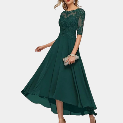 Damen Abendkleid – A-Linie – Elegante Spitze – High-Low Schnitt – Fließender Stoff