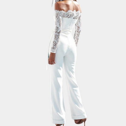 Damen Jumpsuit - Spitzenoberteil Schulterfrei - Tailliert mit Gürtel - Eleganter Look