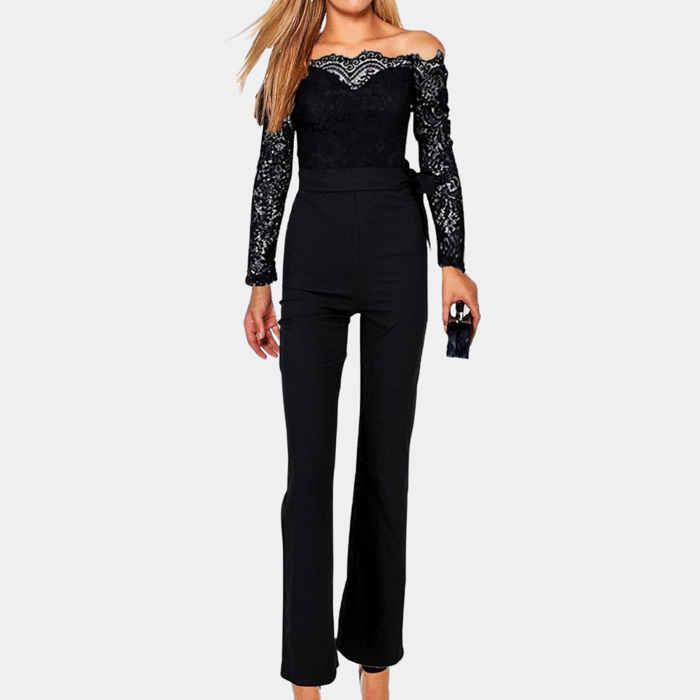 Damen Jumpsuit - Spitzenoberteil Schulterfrei - Tailliert mit Gürtel - Eleganter Look