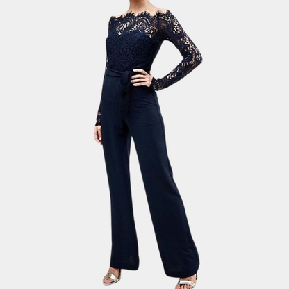 Damen Jumpsuit - Spitzenoberteil Schulterfrei - Tailliert mit Gürtel - Eleganter Look