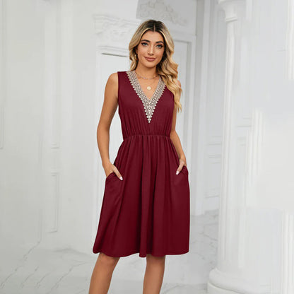 Damen Kleid – Ärmellos V-Ausschnitt – Spitze Elegant – Elastische Taille Fließend