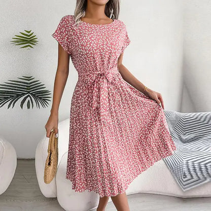 Damen Sommerkleid - Kurzarm Blumenkleid mit Hoher Taille und Eleganter A-Linie