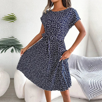 Damen Sommerkleid - Kurzarm Blumenkleid mit Hoher Taille und Eleganter A-Linie