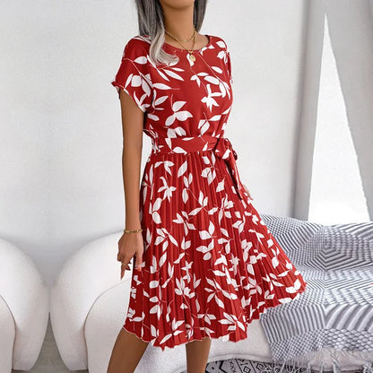 Damen Sommerkleid - Kurzarm Blumenkleid mit Hoher Taille und Eleganter A-Linie