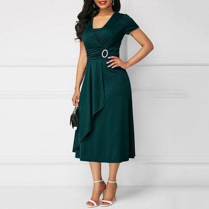 Damen Wickelkleid – V-Ausschnitt – Kurzarm – Midi-Länge – Elegante Drapierung