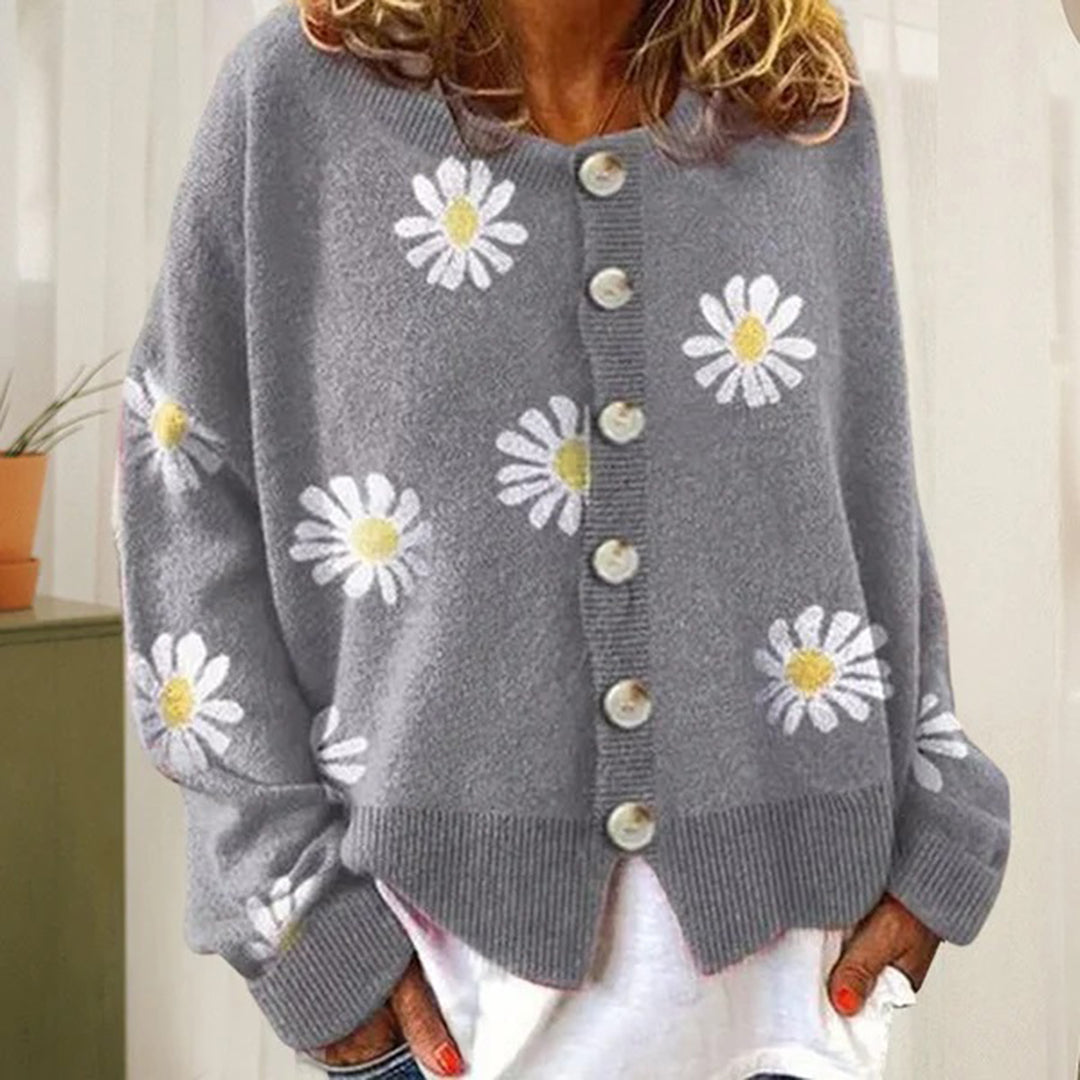 Damen Strick Cardigan – Lockerer Sitz – Knopfverschluss – Weiches Material mit Blumenmuster