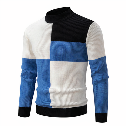 Herren Strickpullover - Mock Neck - Rippstruktur - Geometrisches Patchwork-Design