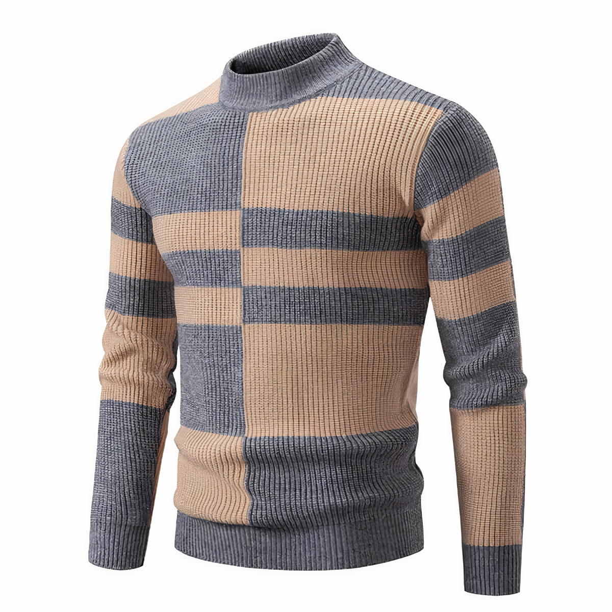 Herren Strickpullover - Mock Neck - Rippstruktur - Geometrisches Patchwork-Design