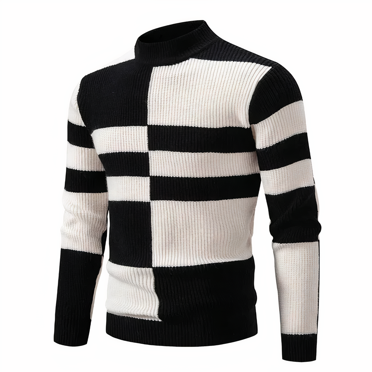 Herren Strickpullover - Mock Neck - Rippstruktur - Geometrisches Patchwork-Design