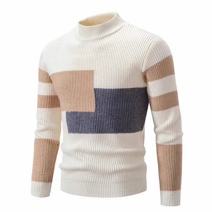 Herren Strickpullover - Mock Neck - Rippstruktur - Geometrisches Patchwork-Design