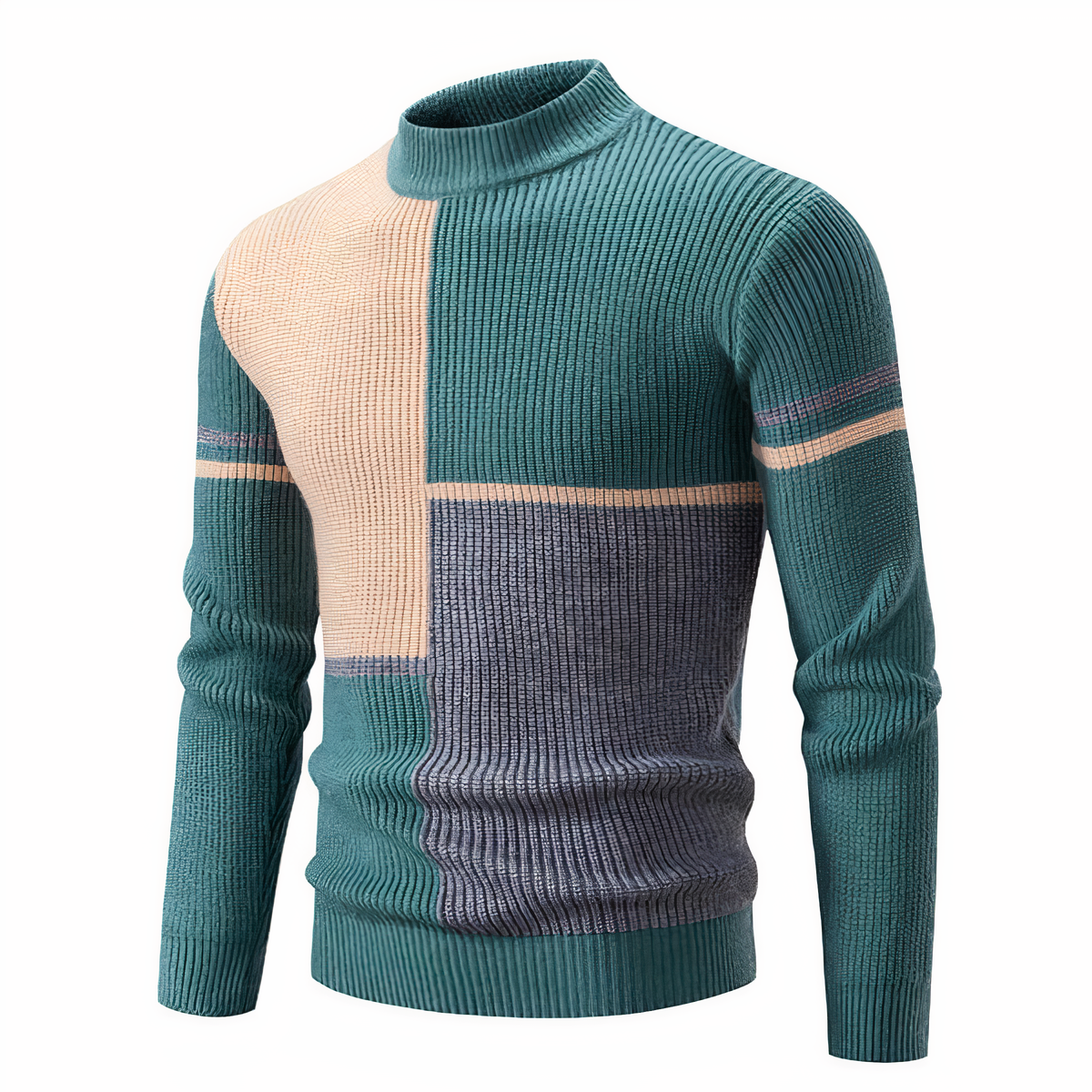 Herren Strickpullover - Mock Neck - Rippstruktur - Geometrisches Patchwork-Design