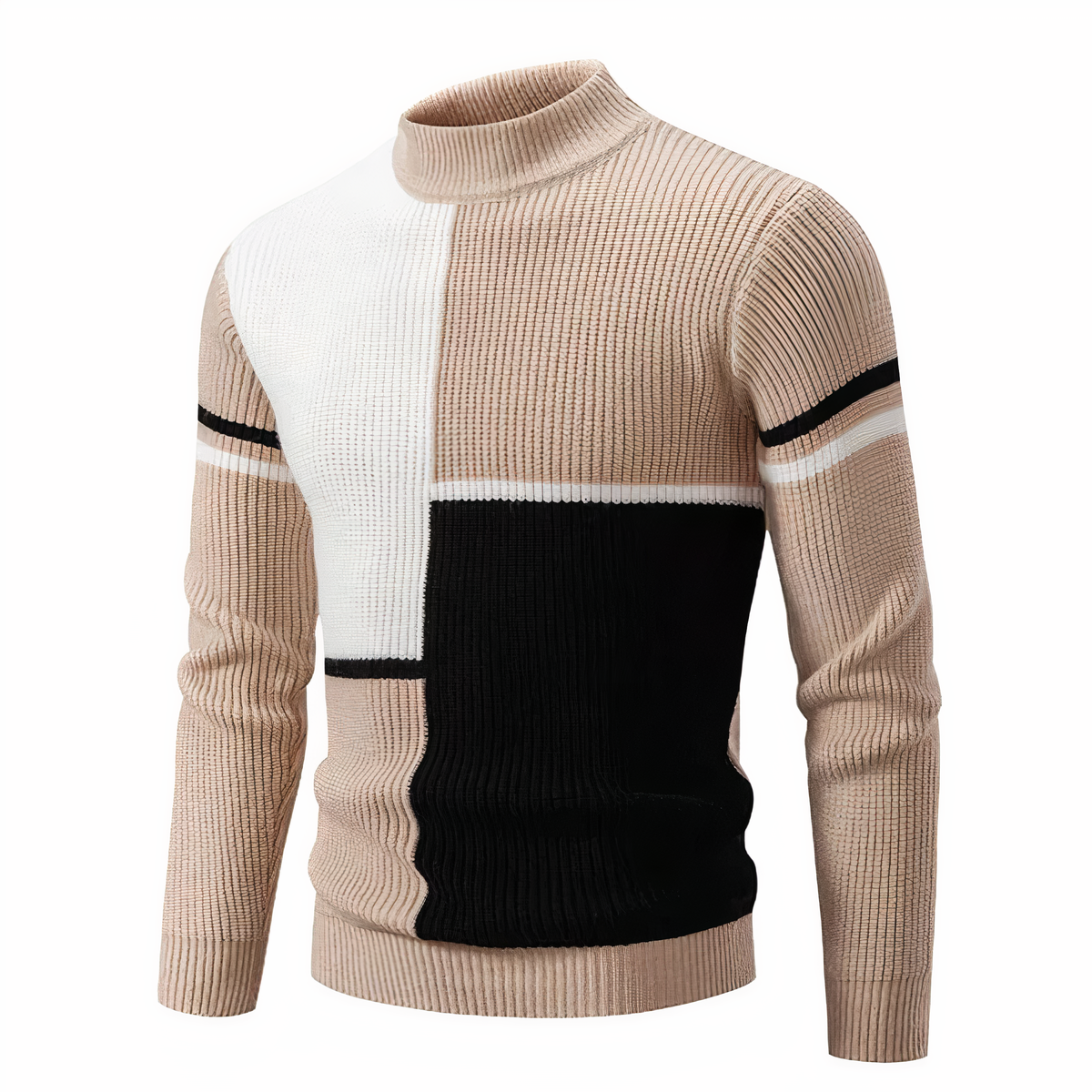 Herren Strickpullover - Mock Neck - Rippstruktur - Geometrisches Patchwork-Design