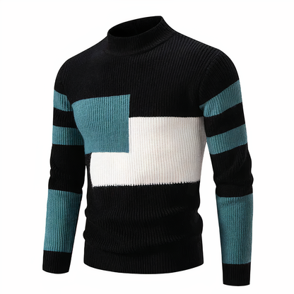 Herren Strickpullover - Mock Neck - Rippstruktur - Geometrisches Patchwork-Design