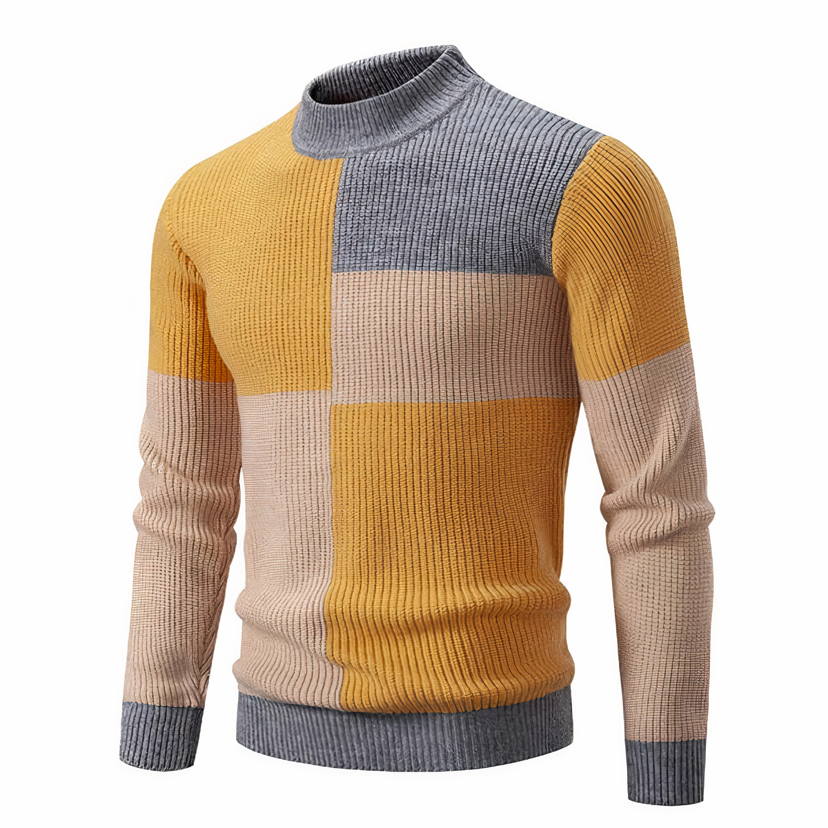 Herren Strickpullover - Mock Neck - Rippstruktur - Geometrisches Patchwork-Design