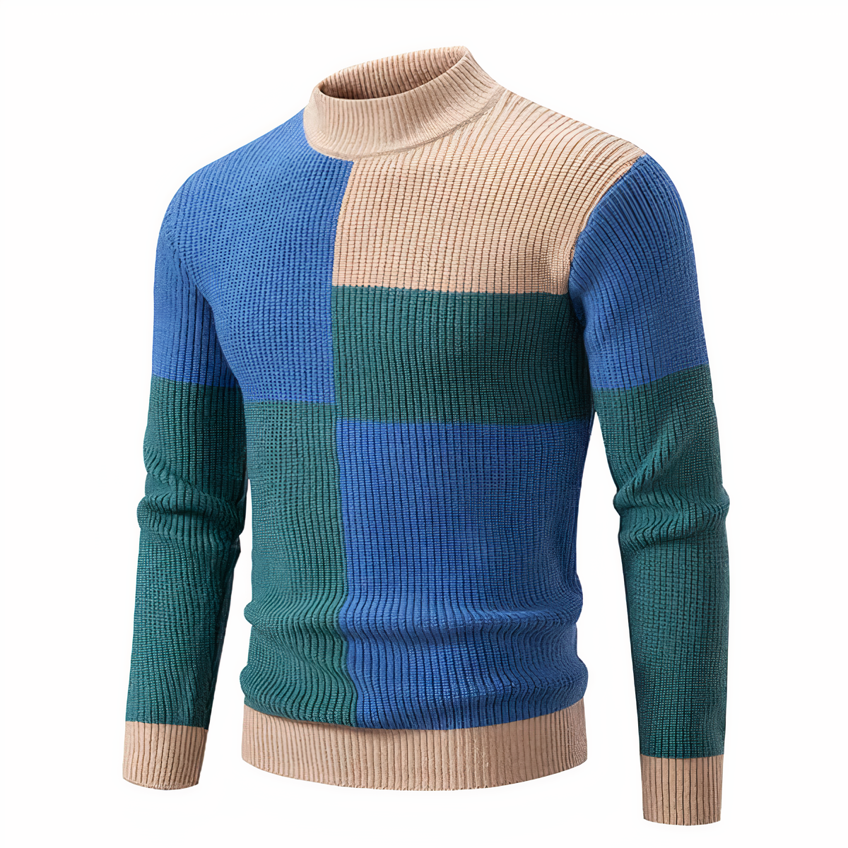 Herren Strickpullover - Mock Neck - Rippstruktur - Geometrisches Patchwork-Design