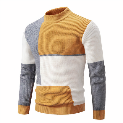 Herren Strickpullover - Mock Neck - Rippstruktur - Geometrisches Patchwork-Design