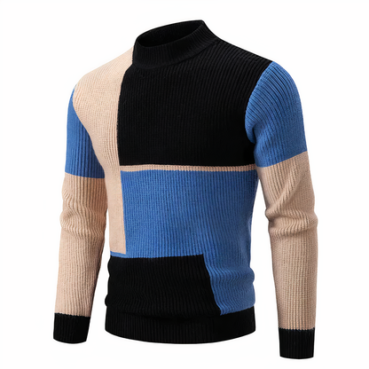 Herren Strickpullover - Mock Neck - Rippstruktur - Geometrisches Patchwork-Design