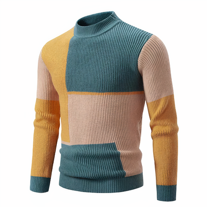 Herren Strickpullover - Mock Neck - Rippstruktur - Geometrisches Patchwork-Design