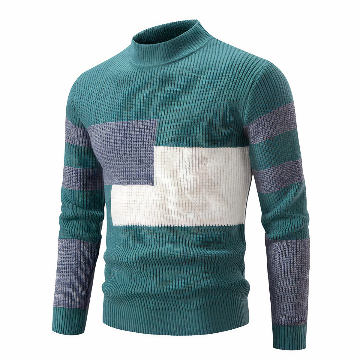 Herren Strickpullover - Mock Neck - Rippstruktur - Geometrisches Patchwork-Design