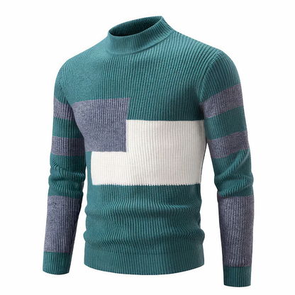 Herren Strickpullover - Mock Neck - Rippstruktur - Geometrisches Patchwork-Design